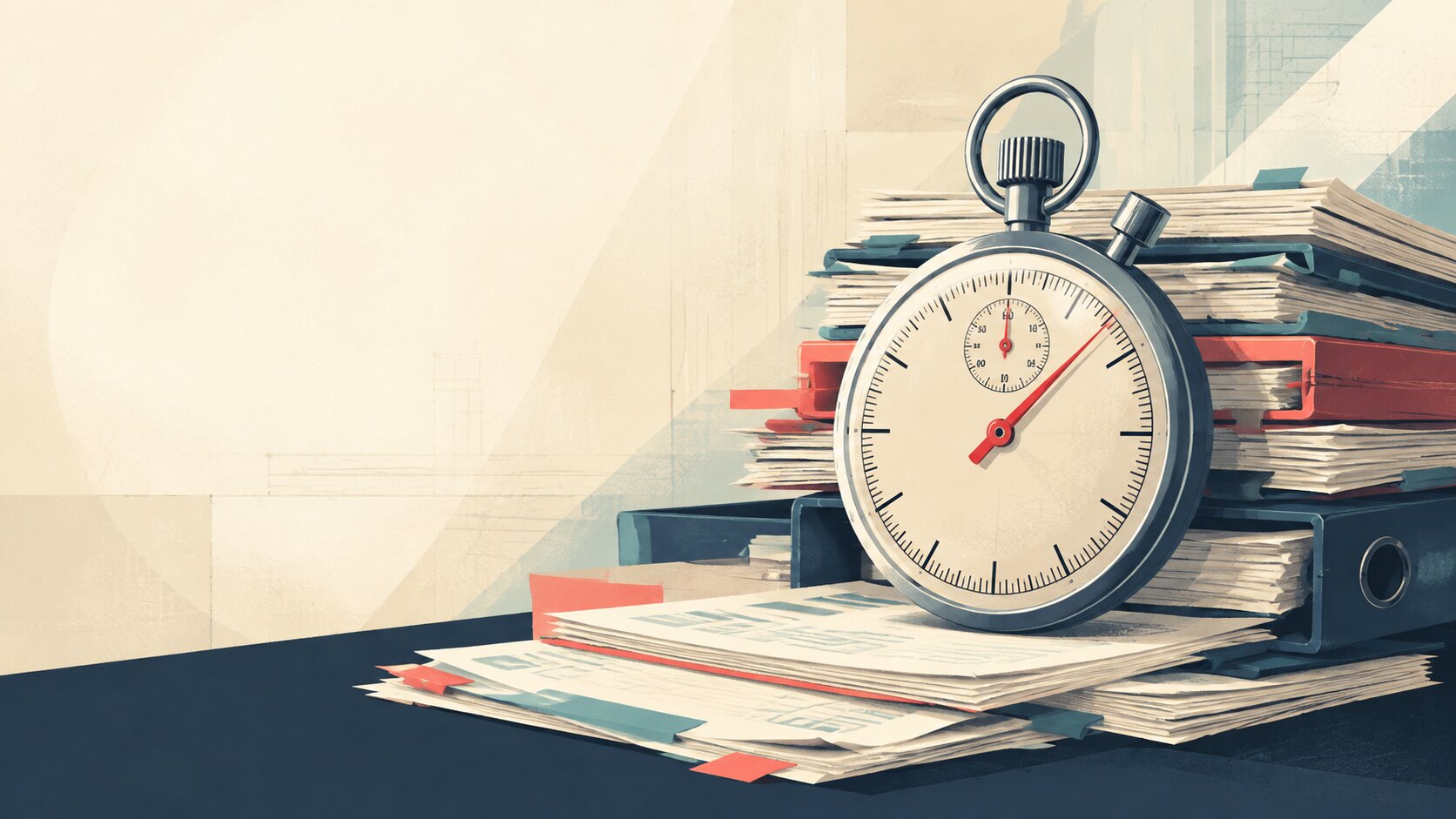 Illustration of a stopwatch ticking beside a stack of case files, representing the shortened EEOC position statement deadline