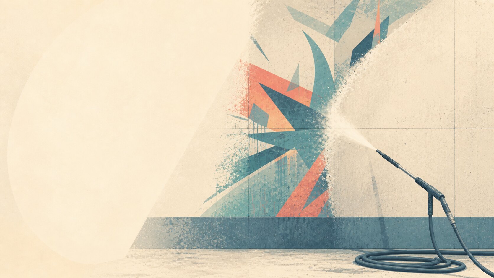 Illustration of a pressure washer spraying colorful abstract graffiti off a concrete factory wall, representing the removal of workplace harassment evidence