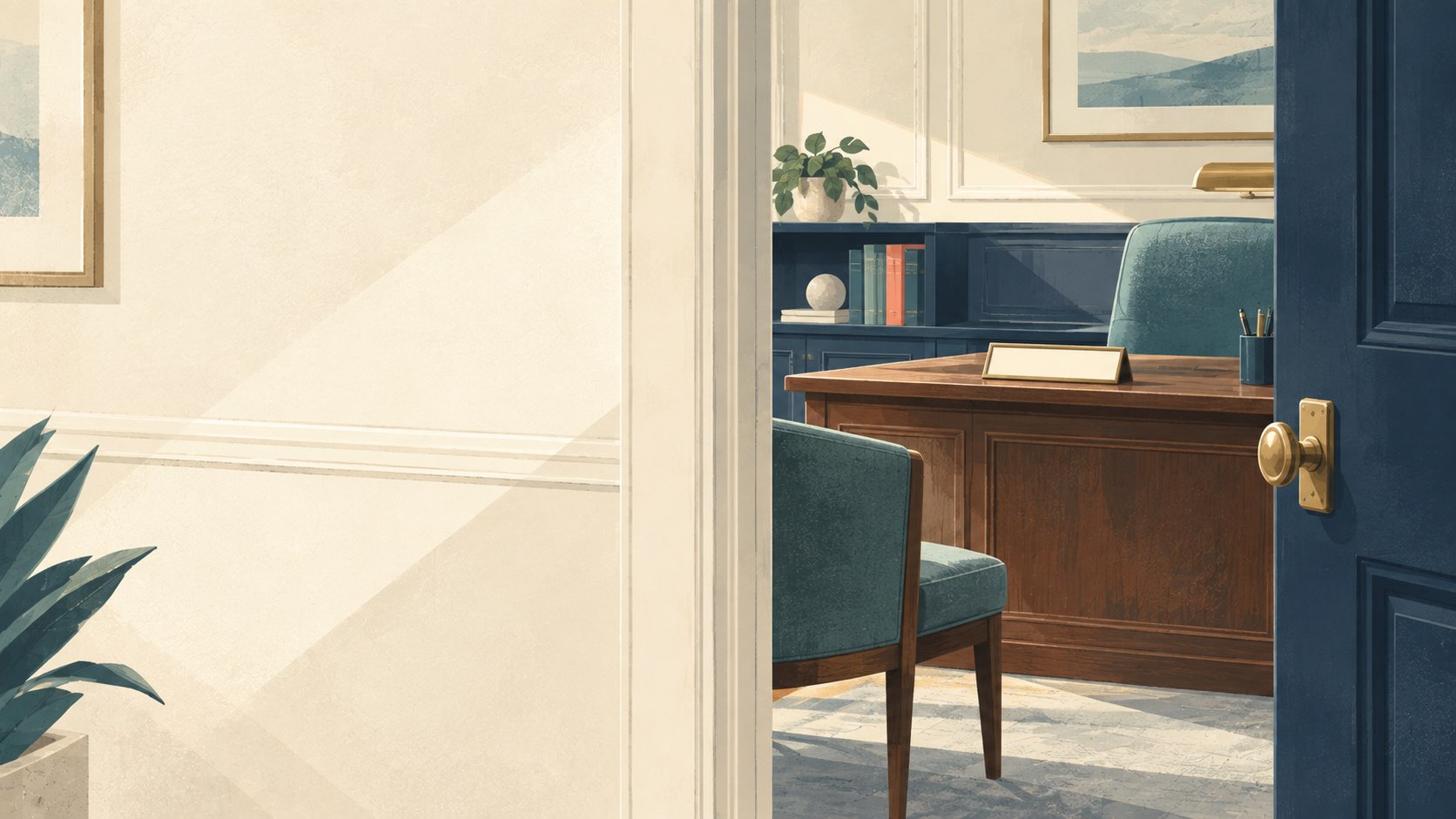 Empty private office with a half-closed door and a nameplate on the desk, seen from the hallway