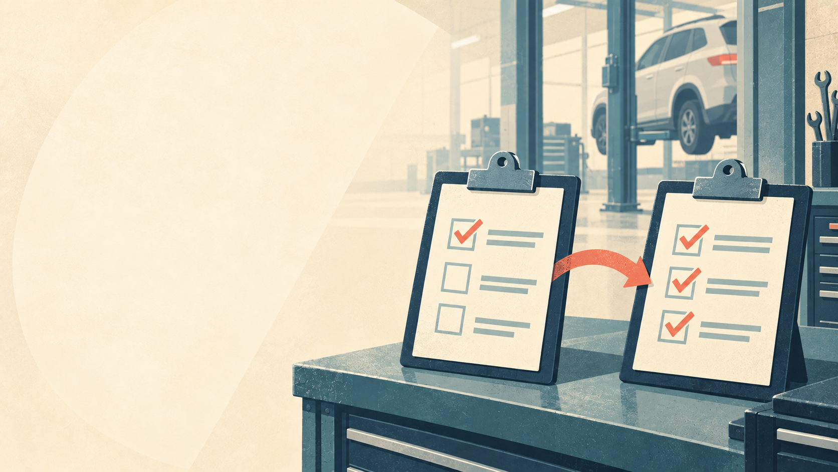 Editorial illustration of two checklists linked by a coral arrow on a workbench in an automotive service bay.