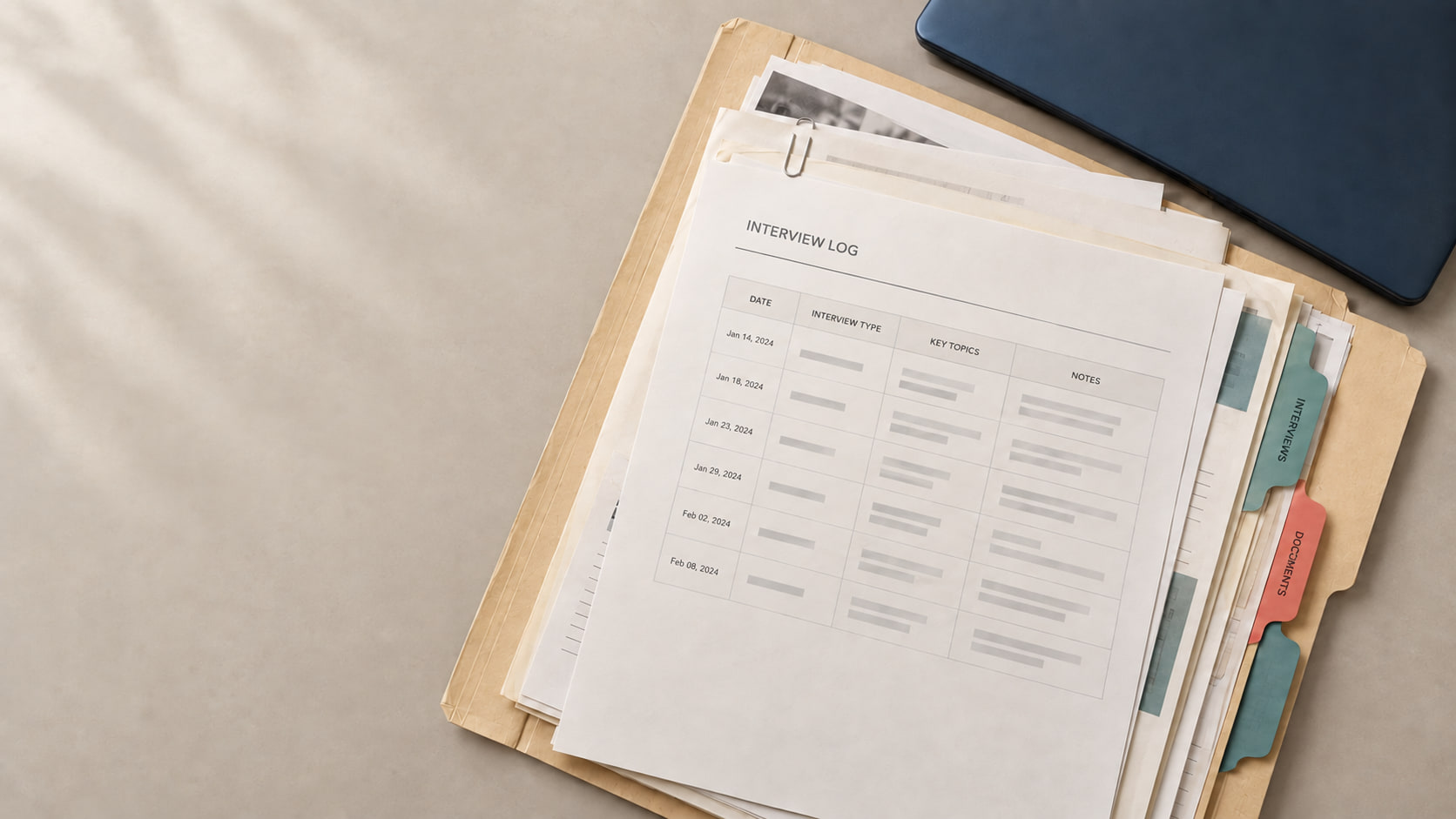 An open investigation file with a dated interview log and tabbed documents beside a closed laptop.